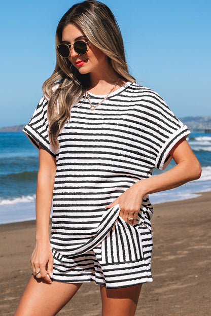 Pink Stripe Textured Knit Lounge Set Drawstring Shorts