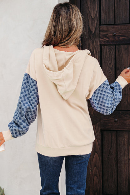 Bonbon Checkered Patchwork Half Zip Hoodie with Pocket