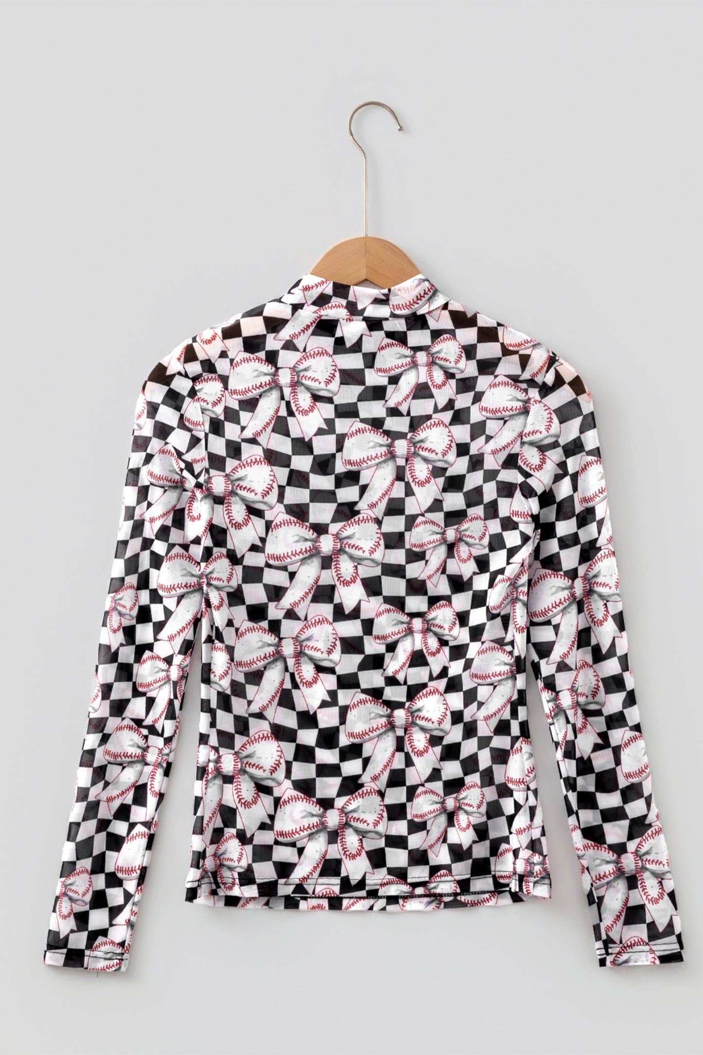 Black Game Day Baseball Bow Plaid Mock Neck Top