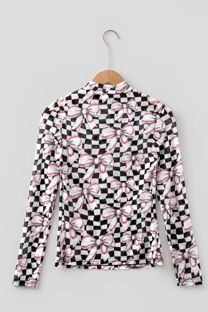 Black Game Day Baseball Bow Plaid Mock Neck Top