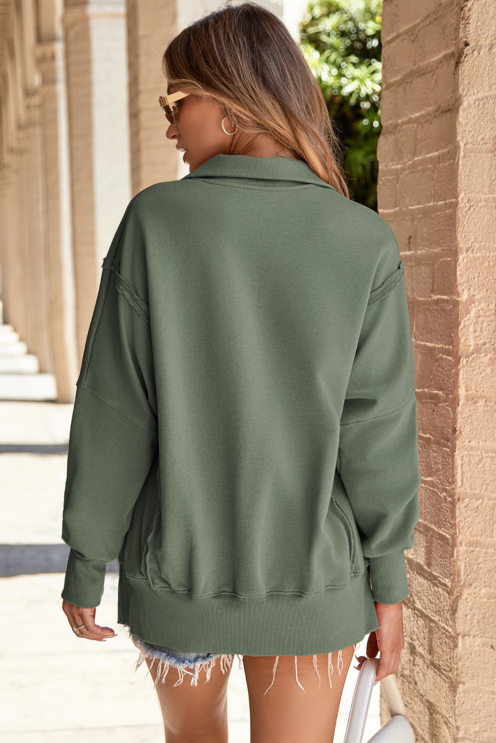Orange Snap Collar Raw Hem High-Low Sweatshirt with Slits