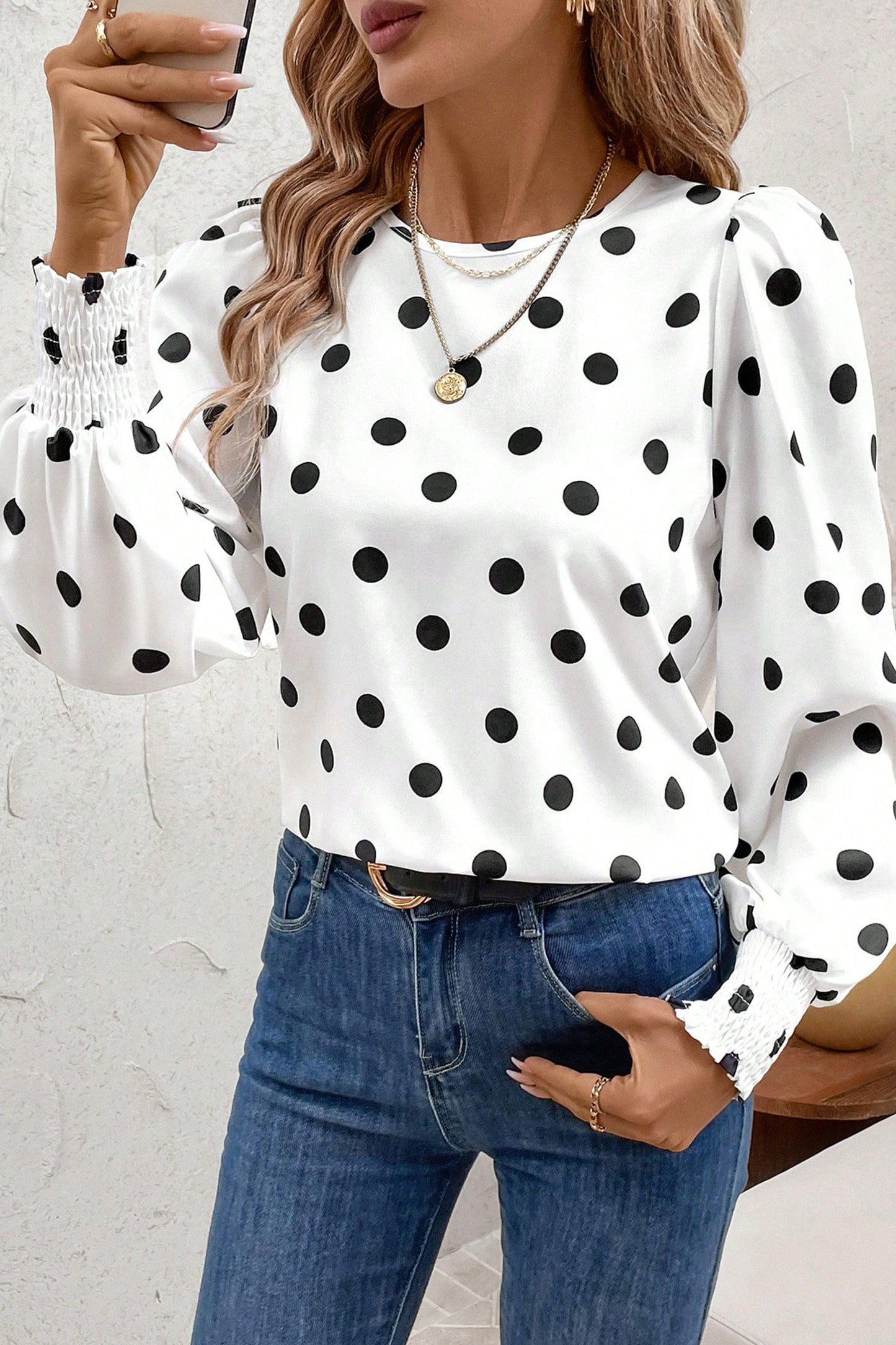 White Polka Dot Blouse Smocked Cuff Puff Sleeve Top
