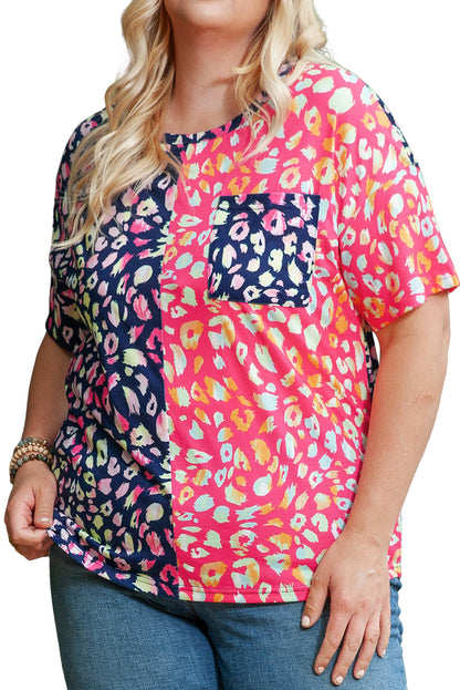 Plus Size Leopard Colorblock Short Sleeve Top