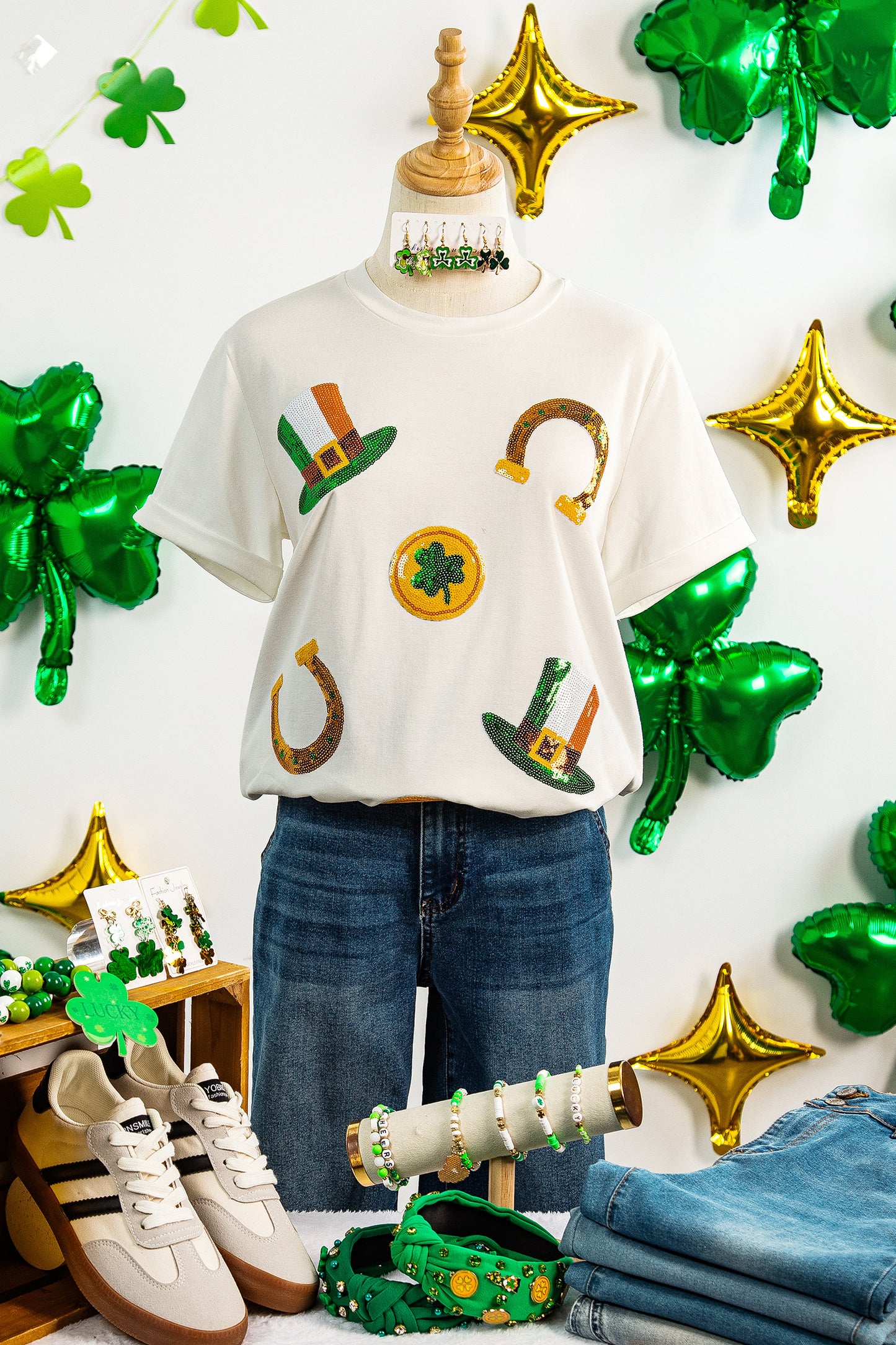 St. Patrick’s White Sequin Clover Coin Graphic Tee