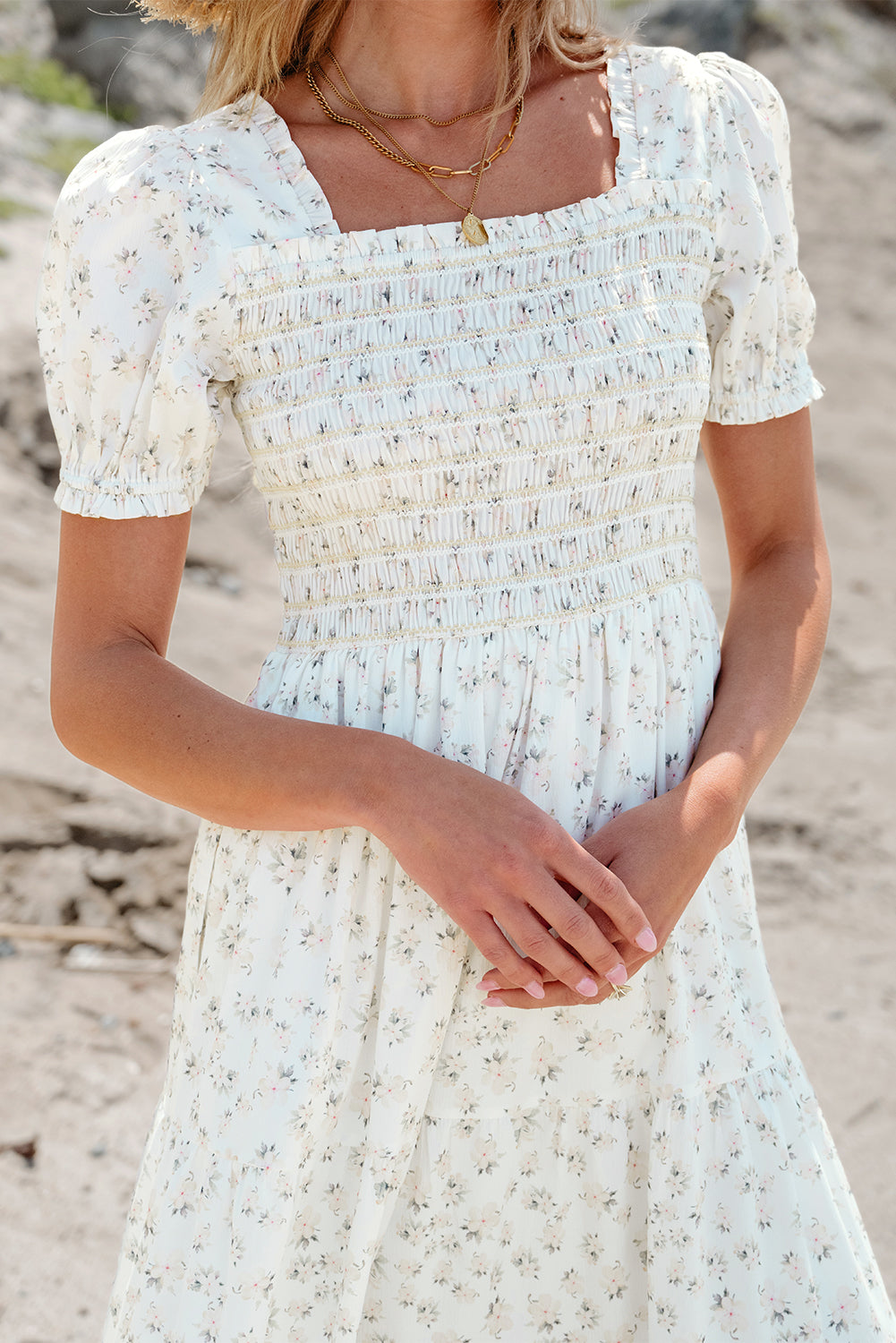 White Floral Shirred Smocked Tiered Maxi Dress