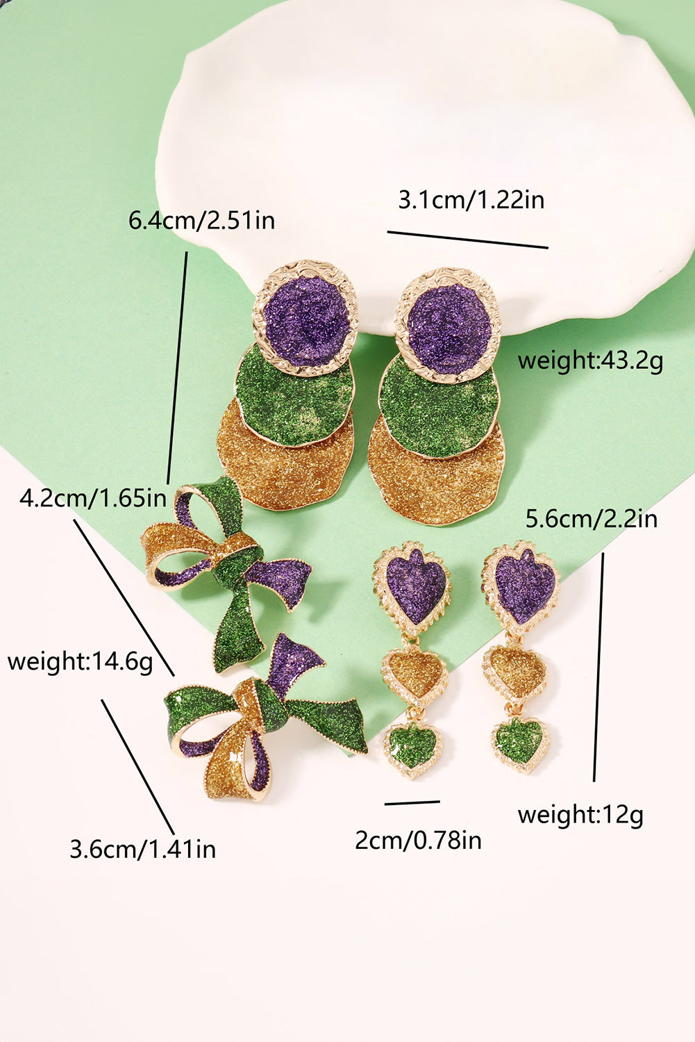 Mardi Gras Glitter Bow Earrings Purple Green Gold 3D