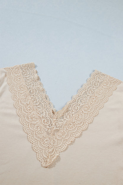 Apricot Lace V Neck Long Sleeve Lace Trim Top Blouse