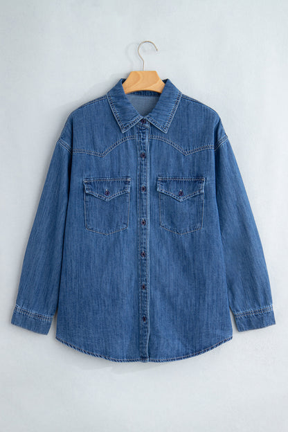 Sail Blue Western Patch Pockets Tunic Length Long Sleeve Denim Shirt