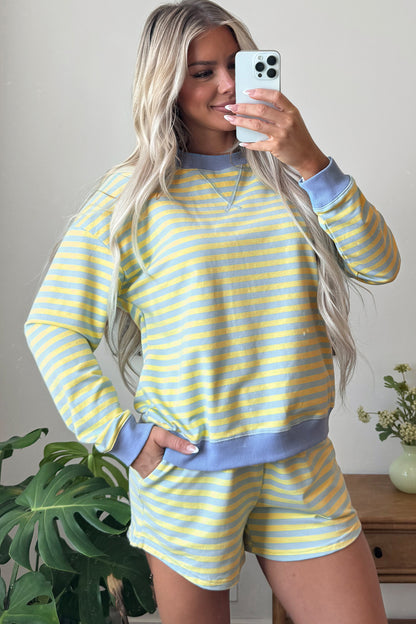 Striped Long Sleeve Pullover and Shorts Lounge Set