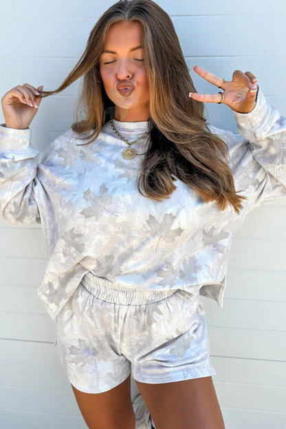 Beige Camo Print Lounge Pullover and Elastic Waist Short Set