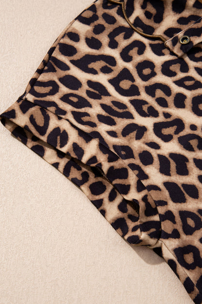 Leopard Print V Neck Mini Dress Loose Short Sleeve