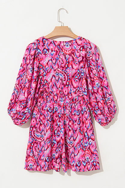 Green Abstract Print V Neck Puff Sleeve Smocked Romper