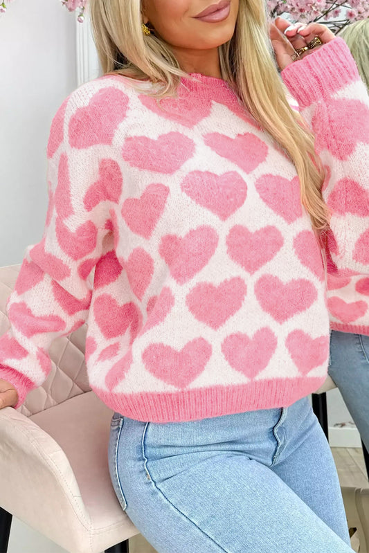 Pink Valentine Heart Print Cozy Knit Sweater for Women