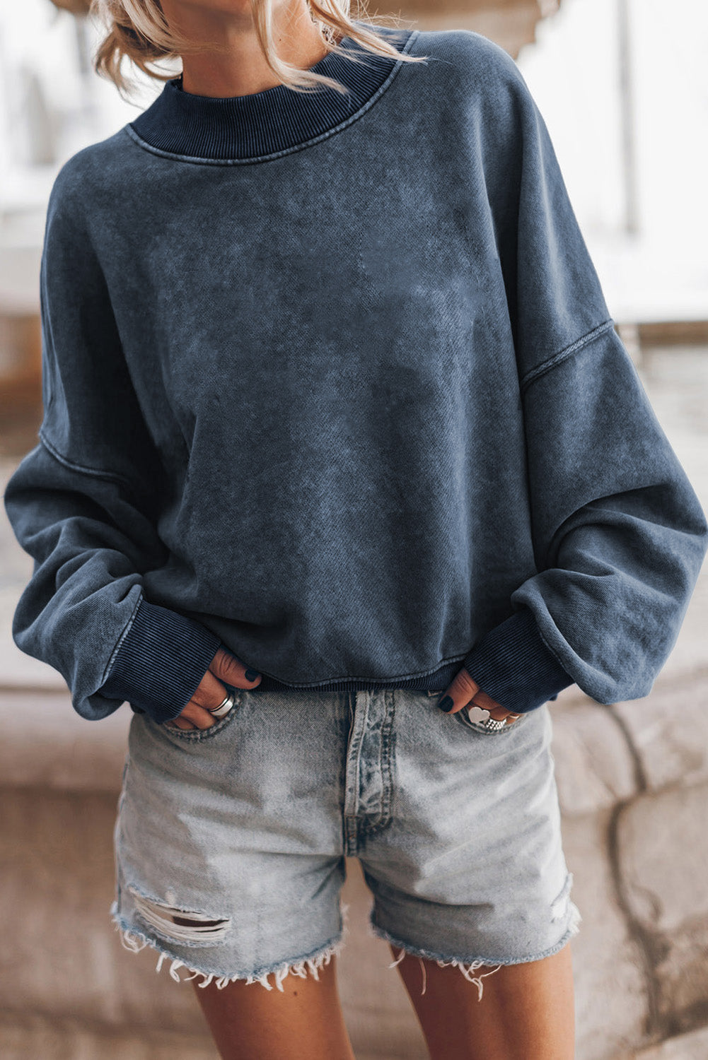 Washed Sky Blue Drop Shoulder Crew Neck Sweatshirt