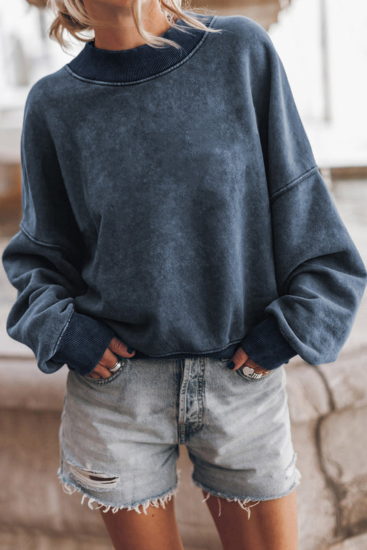 Washed Sky Blue Drop Shoulder Crew Neck Sweatshirt