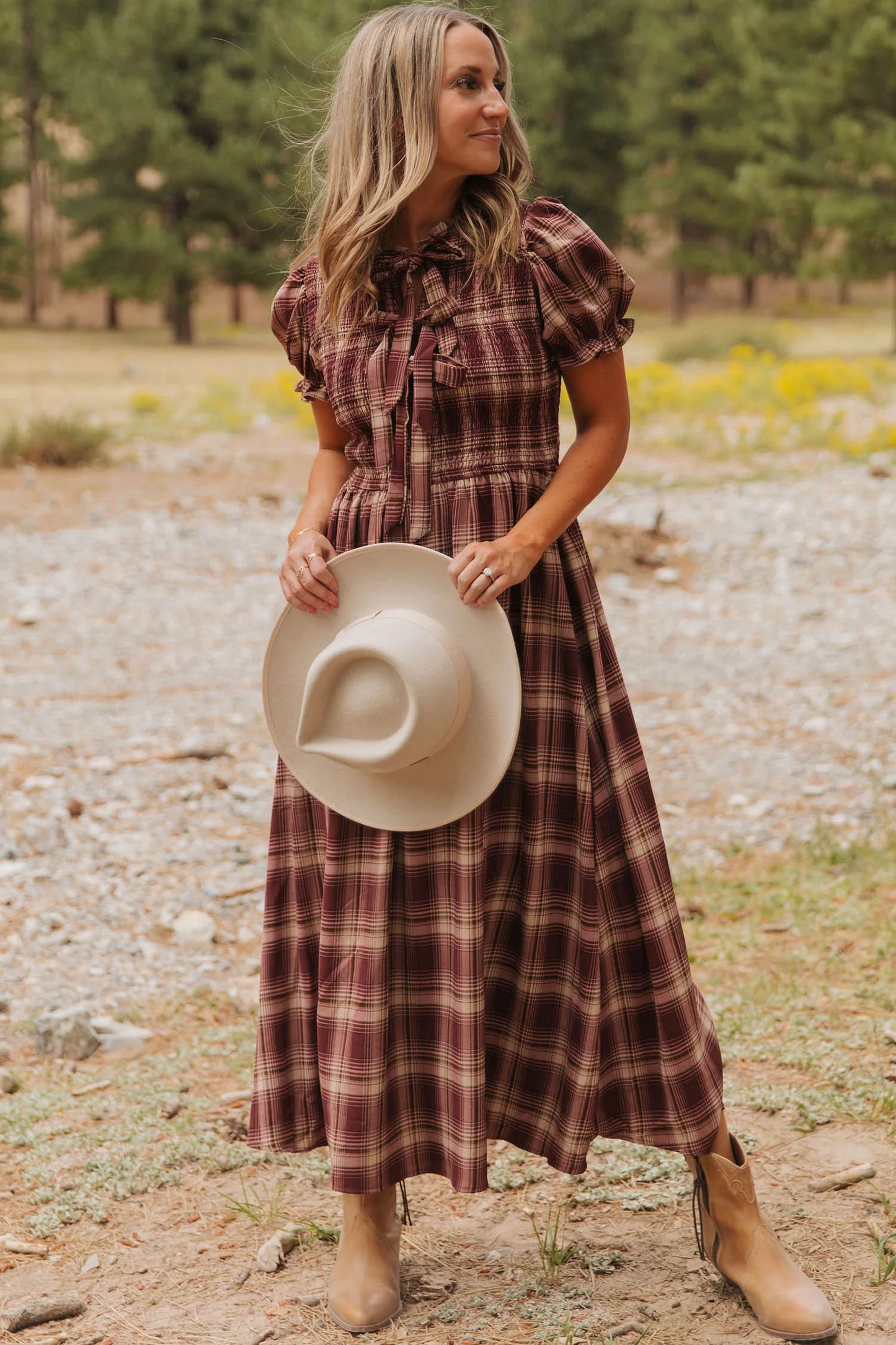 Western Plaid Puff Sleeve Midi Dress Tie Front