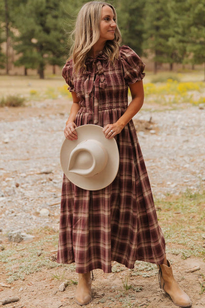 Western Plaid Puff Sleeve Midi Dress Tie Front