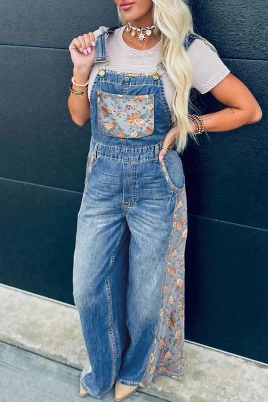 Blue Floral Patchwork Wide Leg Denim Overalls Jumpsuit