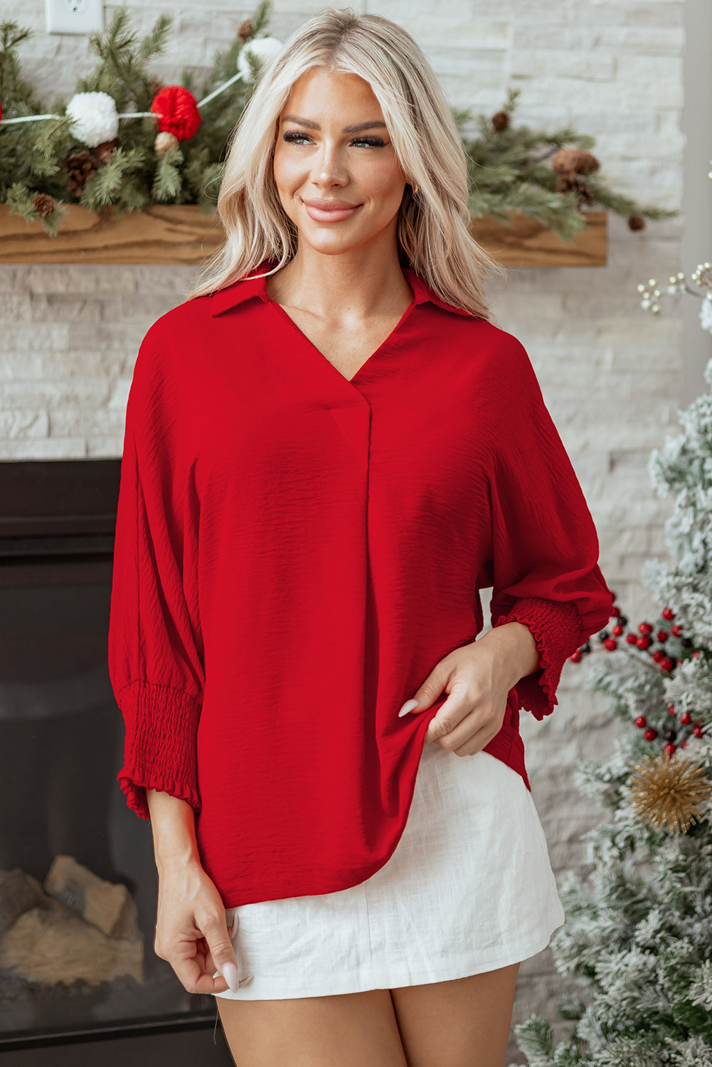 Red V Neck Collared Blouse Loose Fit Smocked Sleeve