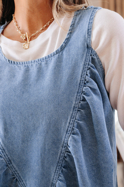 Washed Denim Ruffle Panel Babydoll Sleeveless Top