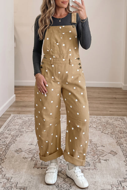 Jet Stream Polka Dot Print Bib Pocket Denim Barrel Overalls Jumpsuit