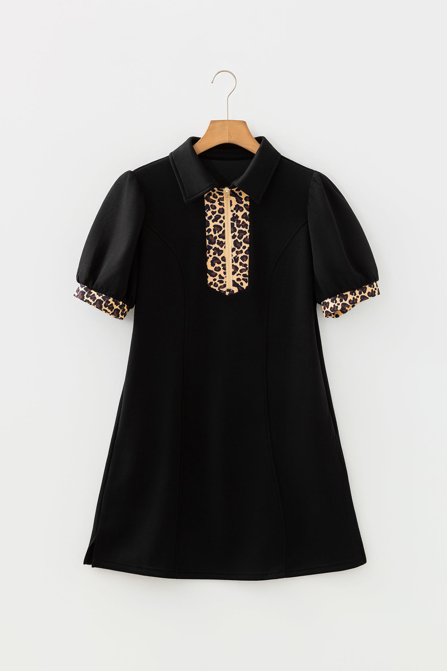 Leopard Trim Zip Neck Mini Dress Women Puff Sleeve