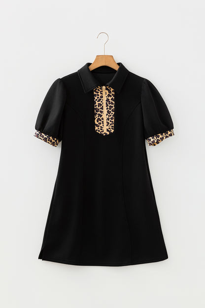 Leopard Trim Zip Neck Mini Dress Women Puff Sleeve