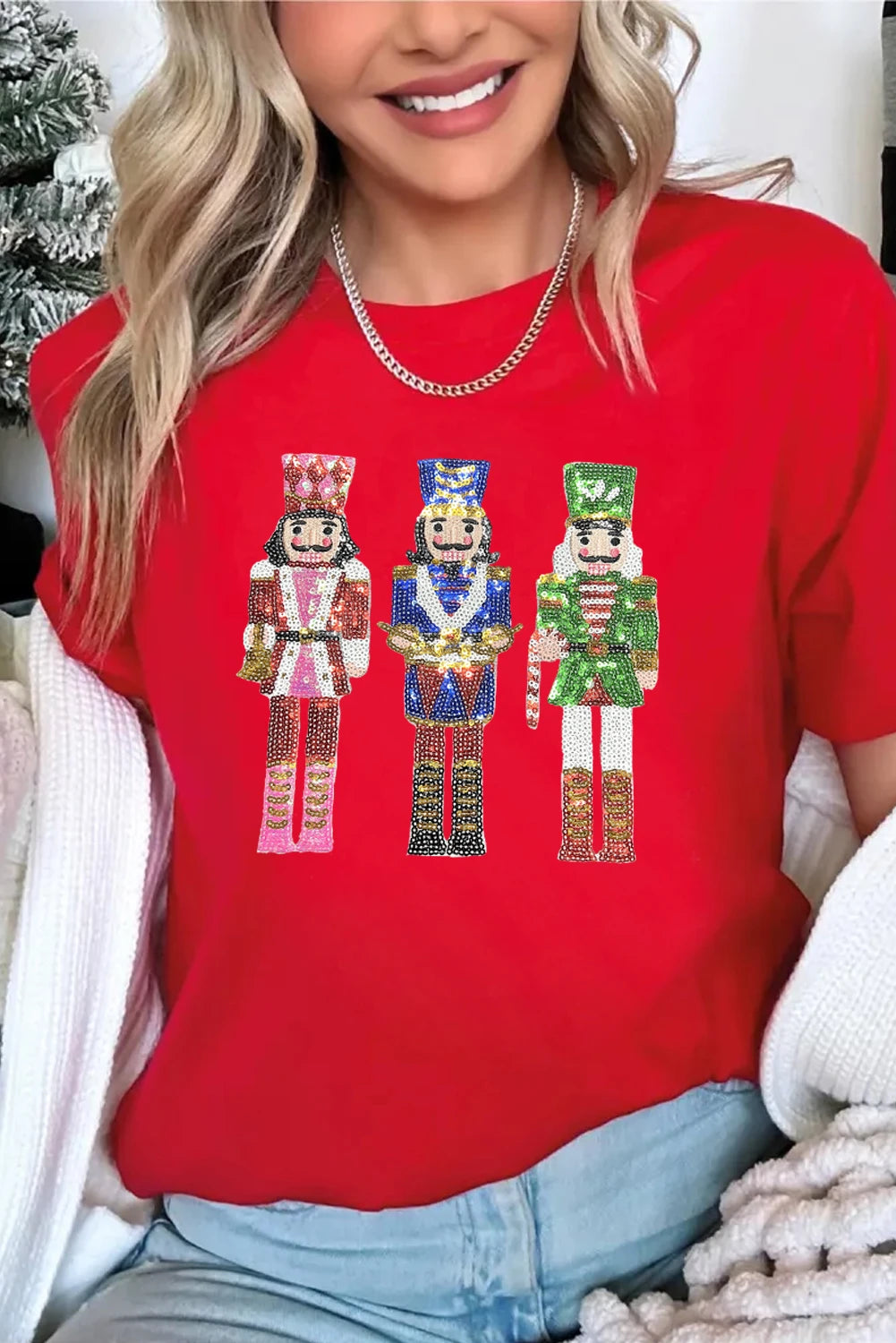 Red Sequined Christmas Graphic Cuffed Short Sleeve T Shirt