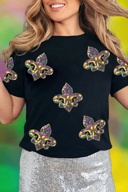 Black Mardi Gras Sequin Fleur De Lis Graphic T-Shirt