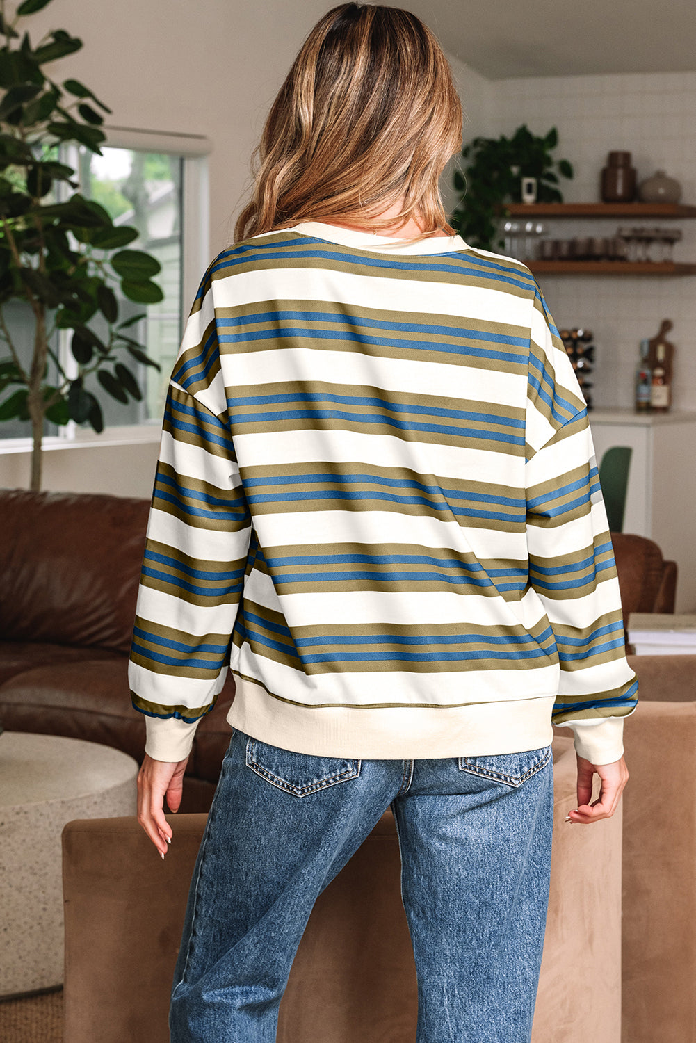 Striped Crew Neck Drop Shoulder Casual Pullover Sweatshirt