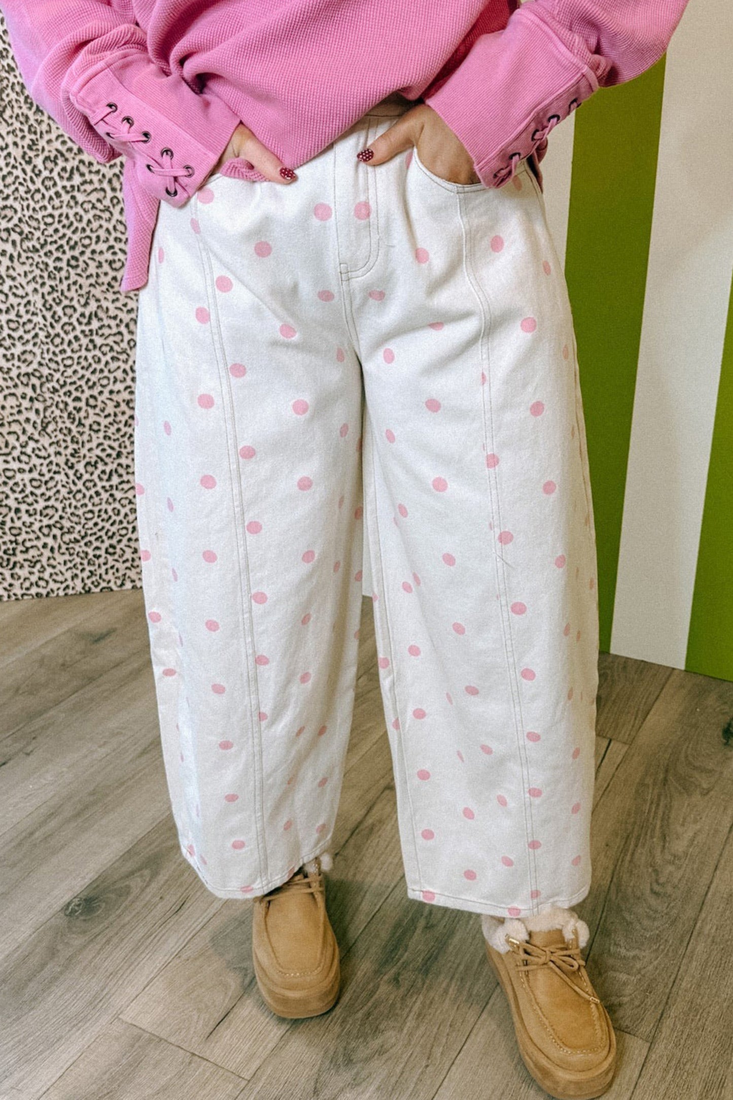 Blue Polka Dot Barrel Jeans High Waist Wide Leg Pants