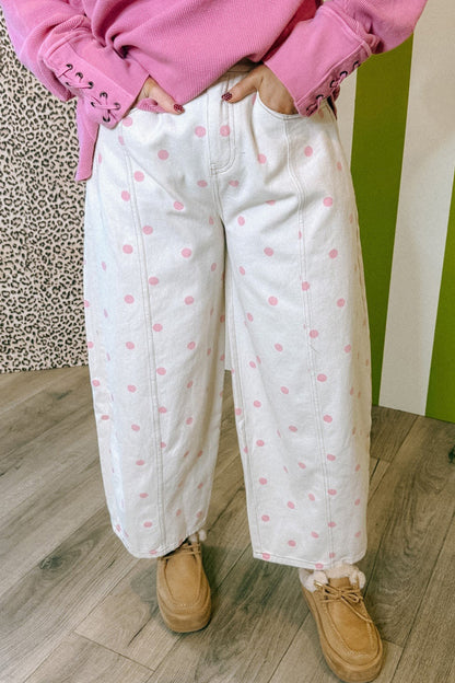 Blue Polka Dot Barrel Jeans High Waist Wide Leg Pants