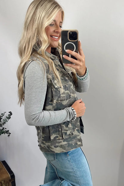 Camo Cargo Button Down Denim Vest with Utility Pockets