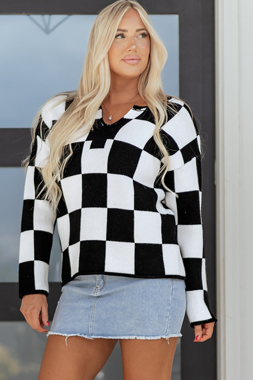 Women's Checkered Knit Sweater with Notched Neck