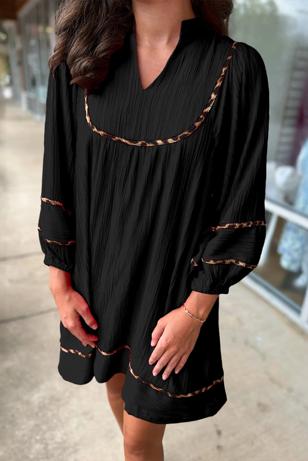 Black Textured V Neck Leopard Trim Shift Mini Dress