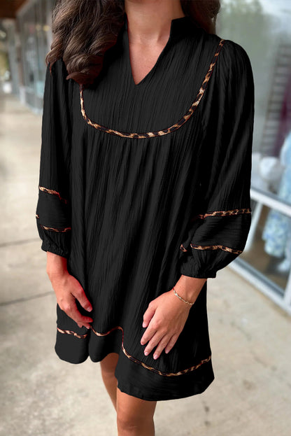 Black Textured V Neck Leopard Trim Shift Mini Dress