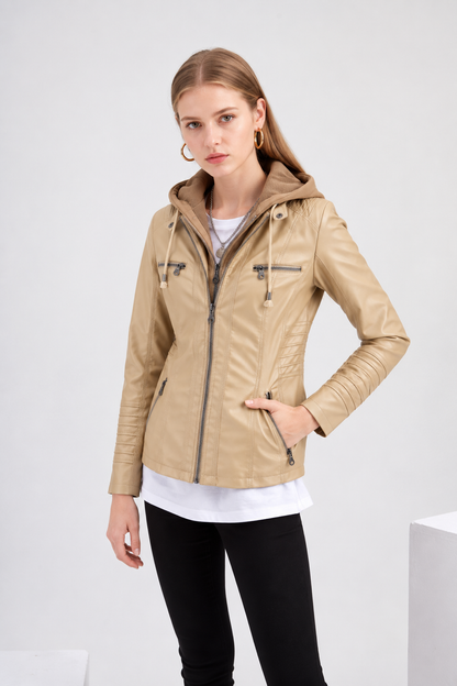 Women's Faux Leather Moto Jacket Removable Hood Plus Size