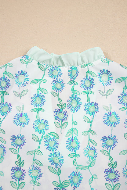 Blue Floral V Neck Short Sleeve Blouse Summer Top