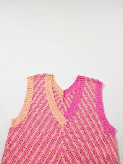 Color Block Chevron Knit Sweater Vest V Neck Top