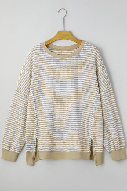 Plus Size Brown Stripe Knit Long Sleeve Ribbed Top