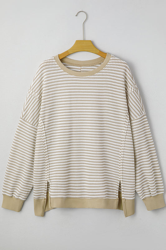 Plus Size Brown Stripe Knit Long Sleeve Ribbed Top
