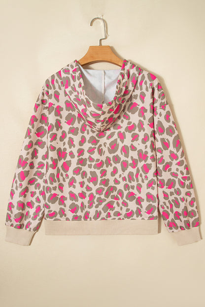 Rose Leopard Print Zip Up Hoodie with Pockets