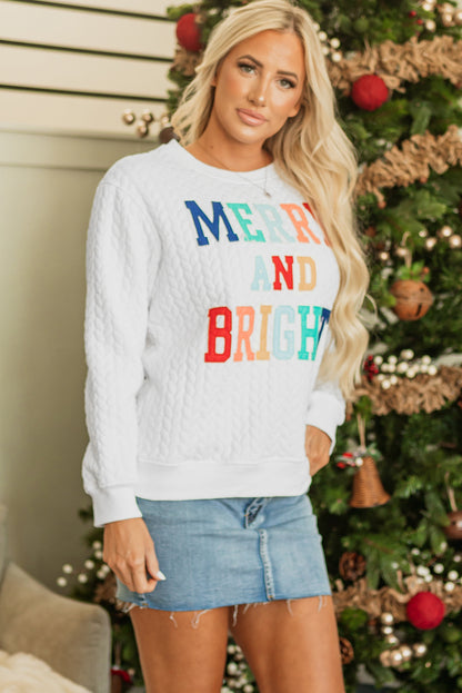 White LUCKY Chenille Embroidered Cable Knit Pullover Sweatshirt