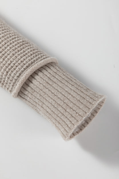 Waffle Knit High Neck Drop Shoulder Ribbed Sweater