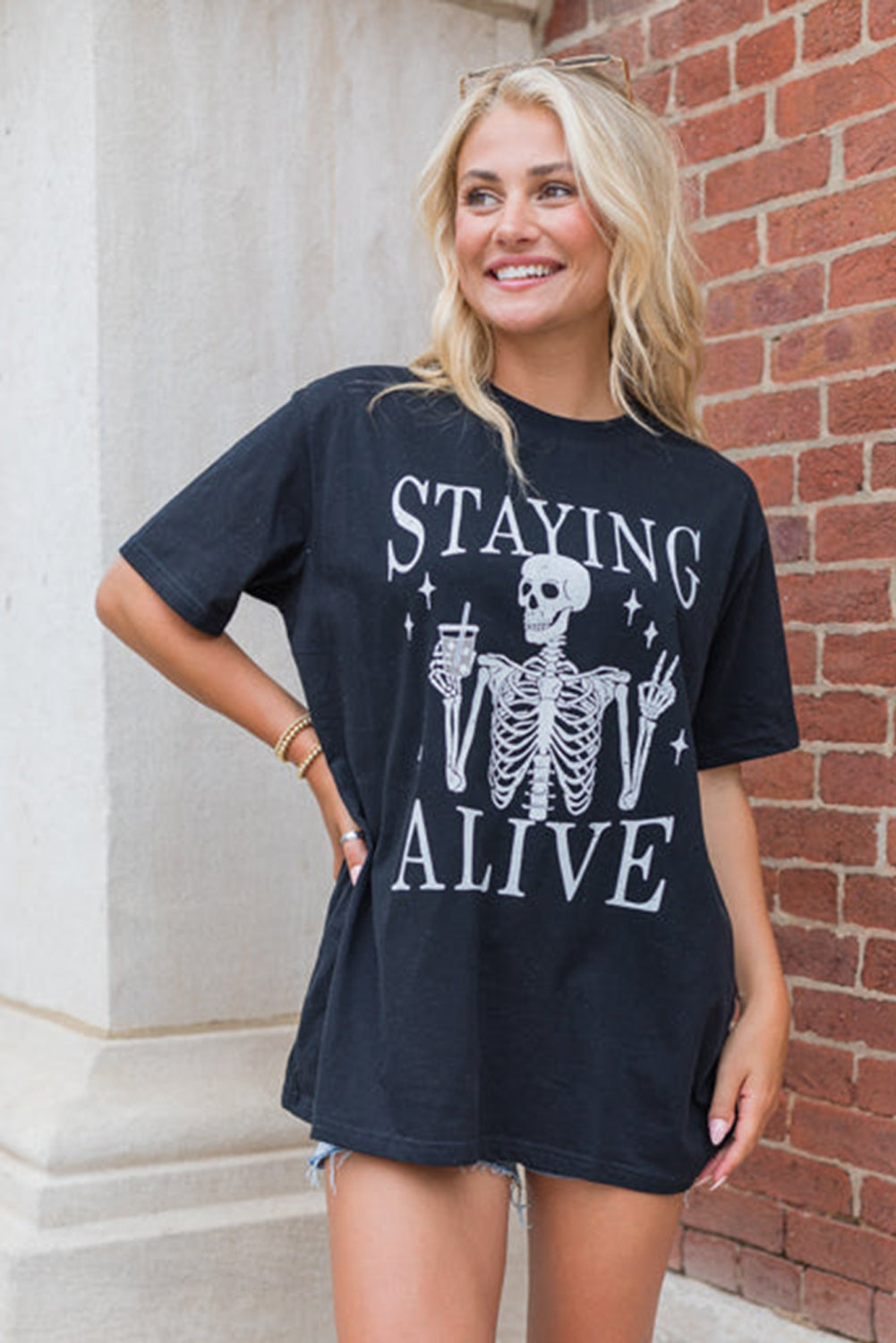 Black Staying Alive Skeleton Halloween Graphic T Shirt