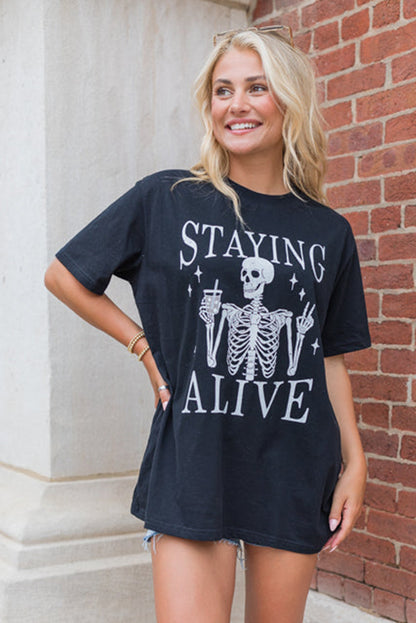 Black Staying Alive Skeleton Halloween Graphic T Shirt