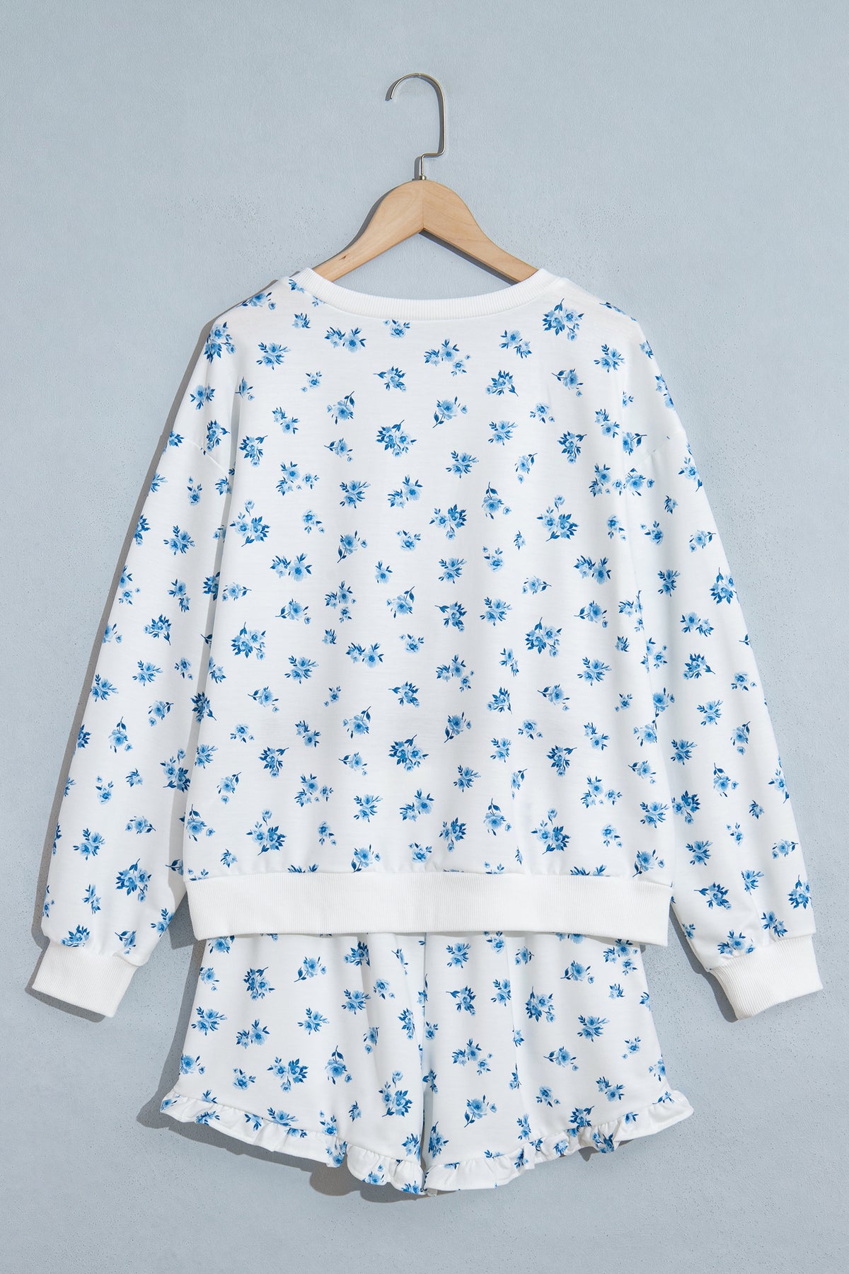 Blue Floral Sweatshirt & Ruffle Shorts 2 Piece Set
