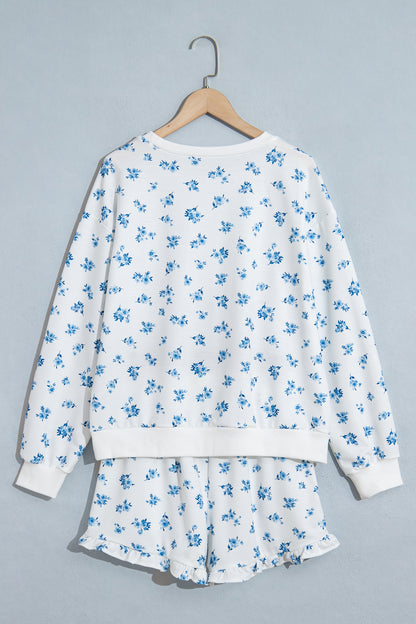 Blue Floral Sweatshirt & Ruffle Shorts 2 Piece Set