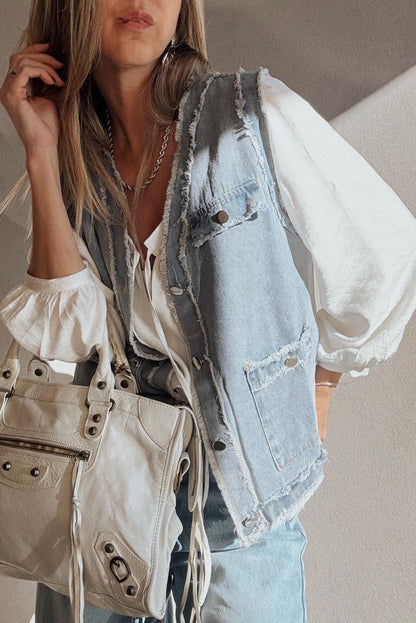 Light Wash Frayed Edge Flap Pocket Button Down Denim Vest