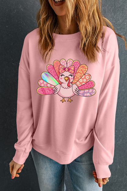 Pink Turkey Thanksgiving Graphic Drop Shoulder Sweatshirt